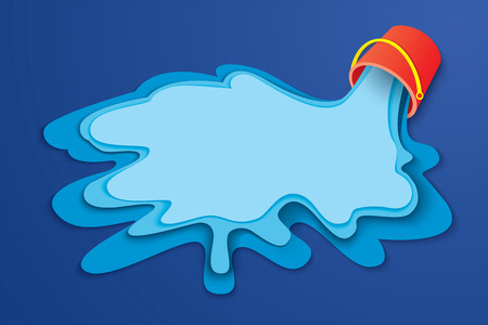 Bucket and water for summer. Vacation concept with space for text on blue sea background. Design paper art style.のイラスト素材