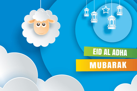 Eid Al Adha Mubarak celebration card with sheep in paper art blue background. Use for banner, poster, flyer, brochure sale template.のイラスト素材