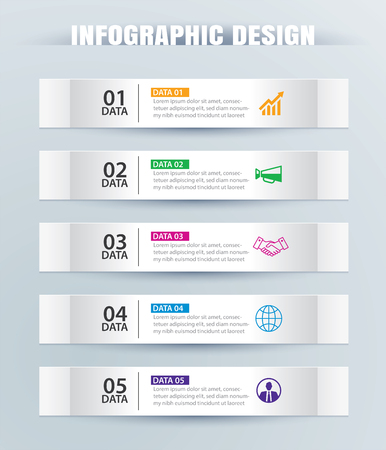 Infographics tab in horizontal paper index with 5 data template. Vector illustration abstract background. Can be used for workflow layout, business step, banner, web design.のイラスト素材