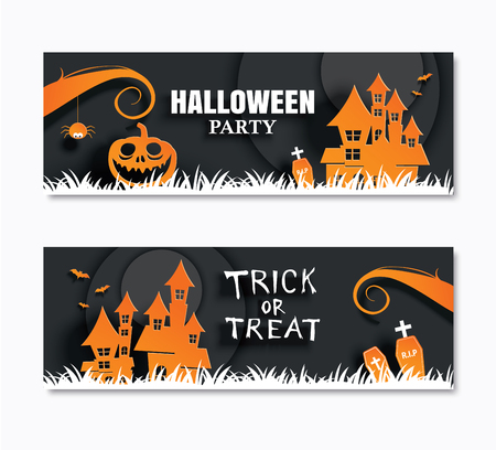 Halloween party invitations banner and greeting cards. Paper art background.のイラスト素材