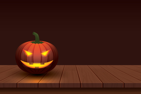 Halloween pumpkin with light glowing in smiling face on wooden table background.のイラスト素材