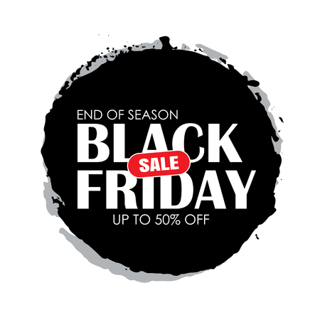 Black friday sale circle banner with white text on grunge black brush stroke. Use for discount, shopping, promotion, advertising.のイラスト素材
