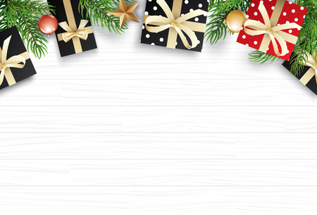 Christmas with copy space for text on white wooden background. Vector illustration decoration with fir branches and gift. Use for greeting card, banner, web cover.のイラスト素材