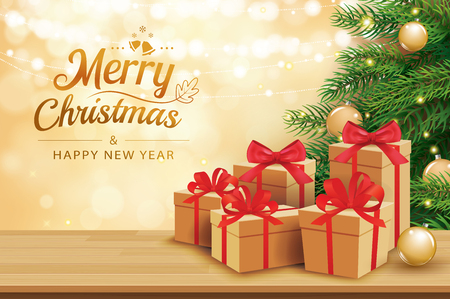 Christmas greeting card with gifts boxes on wooden table and tree bokeh background. Xmas and happy new year.のイラスト素材
