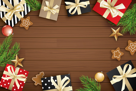 Christmas frame with copy space for text on brown wooden background. Vector illustration decoration with fir branches and gift. Use for greeting card, banner, web cover.のイラスト素材