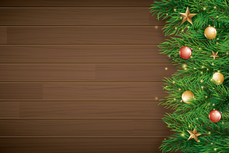 Christmas with fir branch on brown wooden background. Vector illustration top view and copy space for text. Use for greeting card, banner, web cover.のイラスト素材