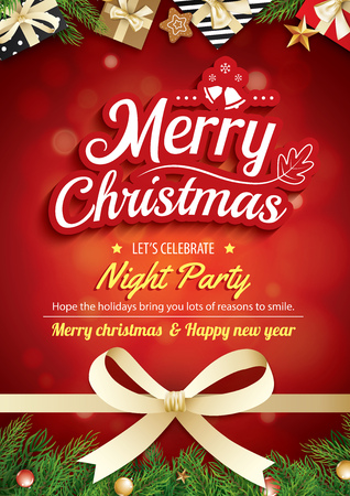 Merry christmas greeting card and party on red background invitation theme concept. Happy holiday design template.のイラスト素材