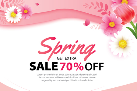 Spring sale banner with blooming flowers background template. Design for advertising, flyers, posters, brochure, invitation, voucher discount.のイラスト素材