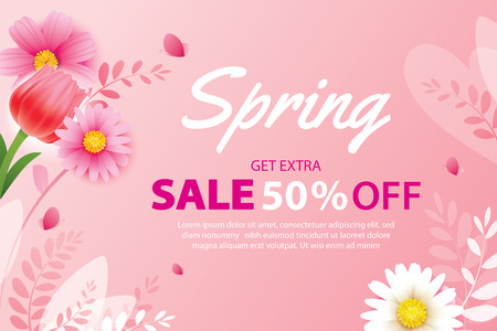 Spring sale banner with blooming flowers background template. Design for advertising, flyers, posters, brochure, invitation, voucher discount.のイラスト素材