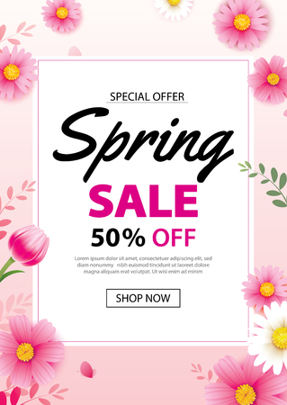 Spring sale poster banner with blooming flowers background template. Design for advertising, voucher, flyers, brochure, cover discount.のイラスト素材