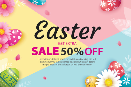 Easter sale banner design template with colorful eggs and flowers. Use for advertising, flyers, posters, brochure, voucher discount.のイラスト素材