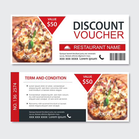 Discount gift voucher fast food template design. Pizza set. Use for coupon, banner, flyer, sale, promotion.のイラスト素材
