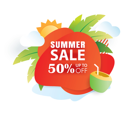 Summer sale banner paper cut template. Red abstract geometric. Use for poster, sticker, badge, ads, tag.のイラスト素材