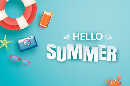 Hello summer with decoration origami on blue background. Paper art and craft style. Vector...
