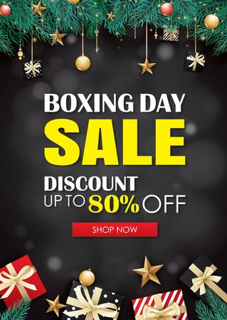 Boxing day sale with gift box advertising poster template. Use for flyer, banner, christmas seasonal offer, discount.のイラスト素材