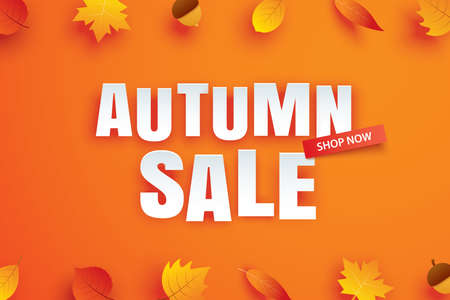 Autumn sale with leaves in paper art style on orange background.