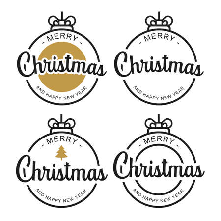 Merry christmas and happy new year typography label with symbols design set. Use for invitation, postcard, poster, greeting card.のイラスト素材
