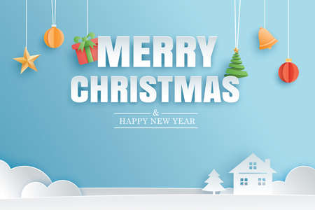 Merry christmas and happy new year greeting card banner in paper art style. Use for header website, cover, flyer.のイラスト素材
