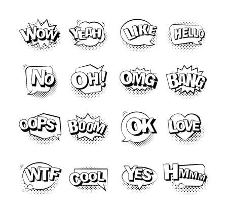 Comic bubble speech with halftone shadow and text. Comic sound effect collection set.のイラスト素材