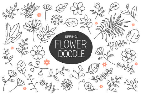 Spring flowers doodle in hand drawn style. Floral and leaves elements collection.のイラスト素材