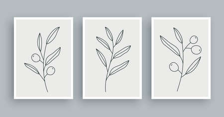 olive branch botanical wall art painting background. Foliage art and hand drawn line with abstract shape. Mid century scandinavian nordic style.のイラスト素材