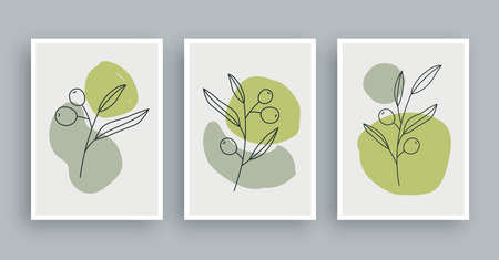 olive branch botanical wall art painting background. Foliage art and hand drawn line with abstract shape. Mid century scandinavian nordic style.のイラスト素材