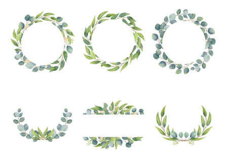 Eucalyptus branches wreaths with watercolor style.  Wedding greenery in circle decorative design elements.のイラスト素材