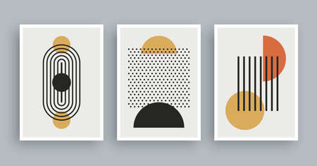 Abstract wall art painting with boho colors background. Minimalist geometric elements and hand drawn line. Mid century scandinavian nordic style.のイラスト素材