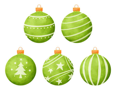 Green christmas balls watercolor style decoration isolated on white background.のイラスト素材