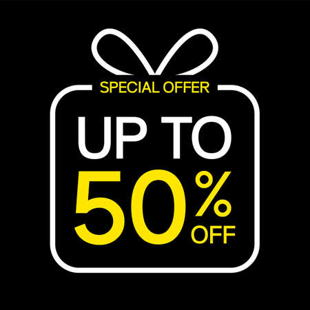 Sale up to 50 percent poster or banner template.  Special offer sale in gift box shape.のイラスト素材