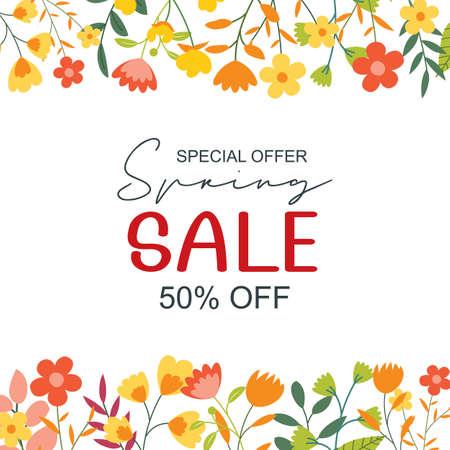 Spring sale banner background template with colorful flower.Can be use social media card, voucher, wallpaper,flyers, invitation, posters, brochure.のイラスト素材