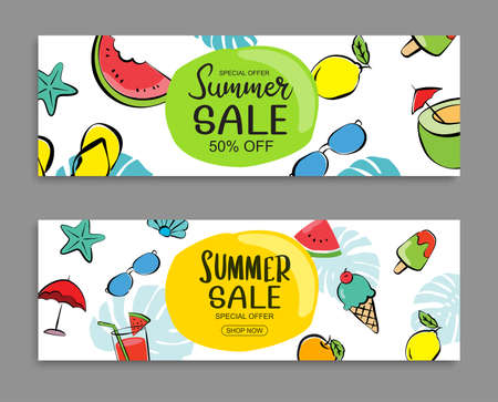 Summer sale banner cover template background. Summer discount special offer in hand drawn style.のイラスト素材