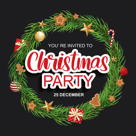 Merry christmas party invitation card banner template background. Xmas pine fir lush tree.のイラスト素材