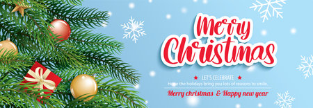 Merry christmas with pine fir lush tree for flyer and brochure design background template. Happy holiday greeting banner and card template.のイラスト素材