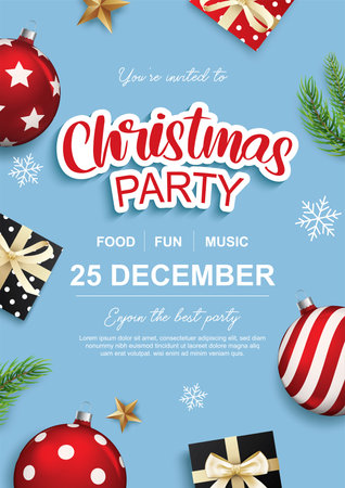 Merry christmas party glass ball and gift box for flyer brochure design on blue background invitation theme concept. Happy holiday greeting banner and card template.のイラスト素材