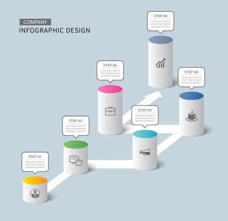 Infographics cylinder timeline to success business with 6 number data template. Vector illustration abstract background.のイラスト素材