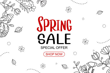 Spring sale banner with leaf and flower hand drawn on white background.のイラスト素材