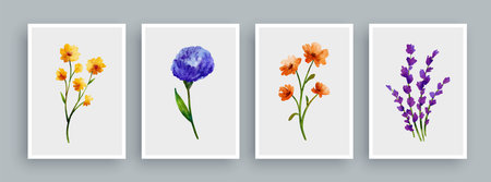 Wild flowers painting set in watercolor style. Wall art watercolor painting background.のイラスト素材