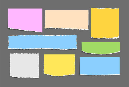 Set of paper note ripped strips isolated background. Paper page scraps with torn edges.のイラスト素材