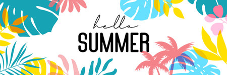 Hello summer tropical with plants and leaf decoration on background.のイラスト素材