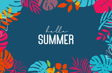Hello summer tropical with plants and leaf decoration on background.のイラスト素材
