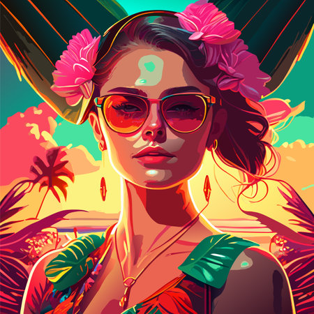 Summer tropical with woman in vintage style. Summer illustration for poster, flyer, tshirt.のイラスト素材