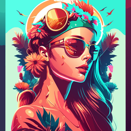 Summer tropical with woman in vintage style. Summer illustration for poster, flyer, tshirt.のイラスト素材