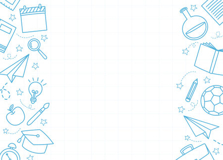 Back to school doodle style background. Education hand drawn objects and symbols banner.のイラスト素材