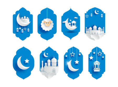 Ramadan kareem greeting card background. Eid mubarak paper art banner illustration design.のイラスト素材