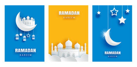 Ramadan kareem greeting card background. Eid mubarak paper art banner illustration design.のイラスト素材