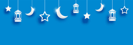 Ramadan kareem greeting card background. Eid mubarak paper art banner illustration design.のイラスト素材