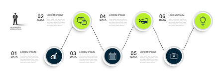 Infographics circle timeline with 6 number data template. Illustration abstract background.のイラスト素材