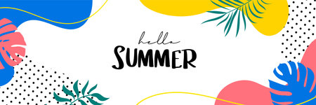 Hello summer banners design hand drawn style. Summer with doodles and objects elements background.のイラスト素材