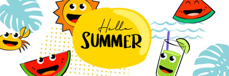 Hello summer camp poster design with fun cartoon characters.のイラスト素材